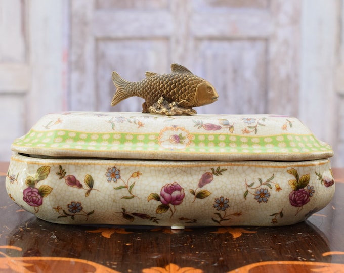 Porcelain Casket Fish Bronze Figure - Floral and Fish Design - Bronze Fish Vintage Porcelain Box - Home Decor - Gift for Wedding Unique Item