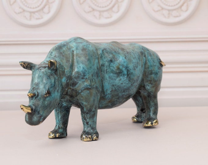 Amazing Rhinoceros Bronze Statue - Blue Patina Rhino Bronze - Vintage Figure - Unique Animal Sculpture - Gift Idea - Home Decor