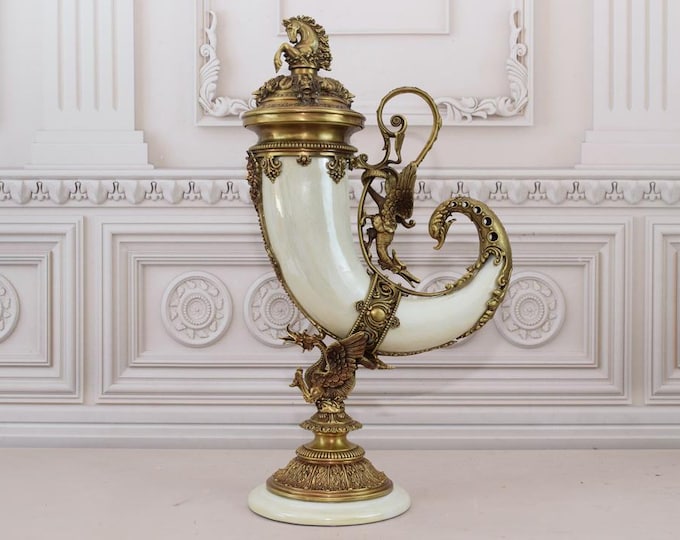 Large White Cornucopia - Horn of Plenty Porcelain and Bronze Ornaments - Vintage Porcelain - Gift for Wedding, Housewarming- Home Decor