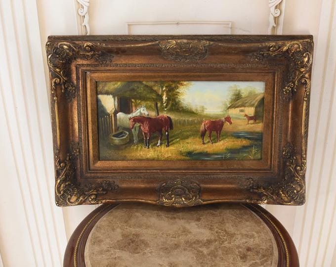 Family Horses at the Watering Hole – Vintage French Oil Painting on Wood – Gold Frame – Pastoral Landscape – Unique Wall Art