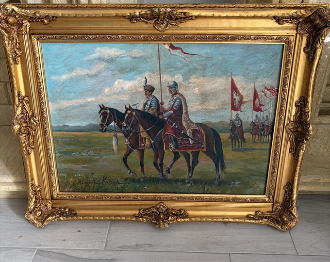Antique Polish Hussars Oil Painting – Cavalry Battle Scene, Historical Wall Art