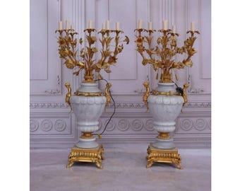 Big Pair of Gilded Bronze & Marble Candelabras + Matching Candlesticks – Empire Style – Large Antique Set with Electric Wiring - Home Decor