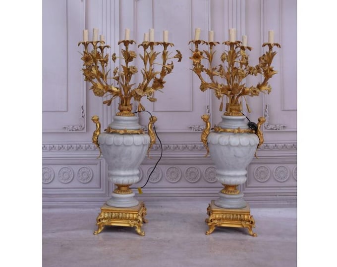 Big Pair of Gilded Bronze & Marble Candelabras + Matching Candlesticks – Empire Style – Large Antique Set with Electric Wiring - Home Decor