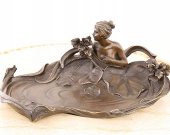 Bronze Nymph Sculpture Bowl: Art Nouveau Woman with Water Lilies