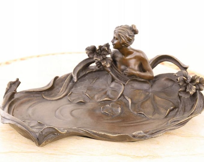 Bronze Plateau Nymph Bathing Woman With Water Lilies - Bronze Sculpture Bowl Art Nouverau Style - Female Elegant - Exclusive Gift