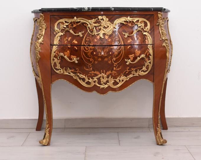 French Baroque-Style Commode — Beech Wood with Bronze Ornaments and Marble Top — Antique Chest of Drawers, France circa 1920
