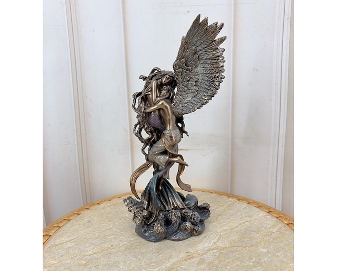 Bronze Coated Angel Mermaid Figurine – Fantasy Mythical Sculpture (31cm)