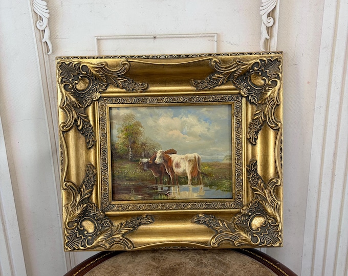 Vintage Pastoral Painting - Cows in Countryside - Ornate Gold and Black Frame - Rustic Wall Art
