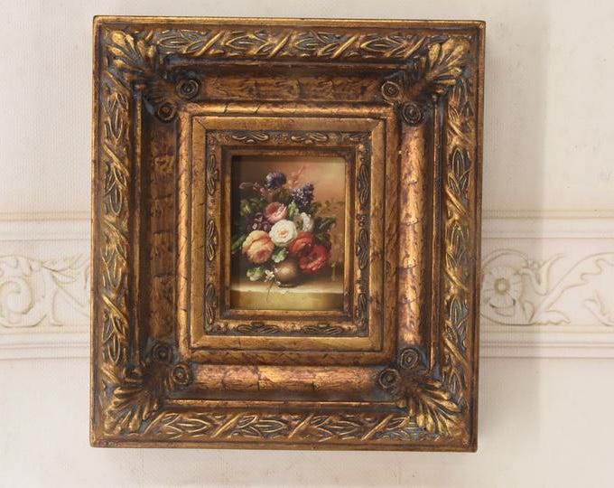 Vintage Floral Oil Painting - Miniature Still Life, European Art