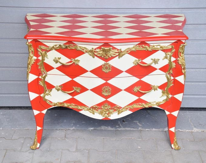 French Commode - Chest of Drawers Wardrobe With a Diamond Pattern - Commode Red and White - Vintage Furniture - Baroque Style - Home Decor