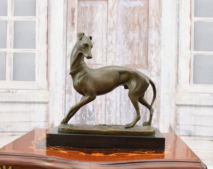 Large Greyhound Bronze Statue - Dog Bronze Sculpture - Hunting Figurine on Marble Base - Foundry Mark - Home Decor - Dog Art