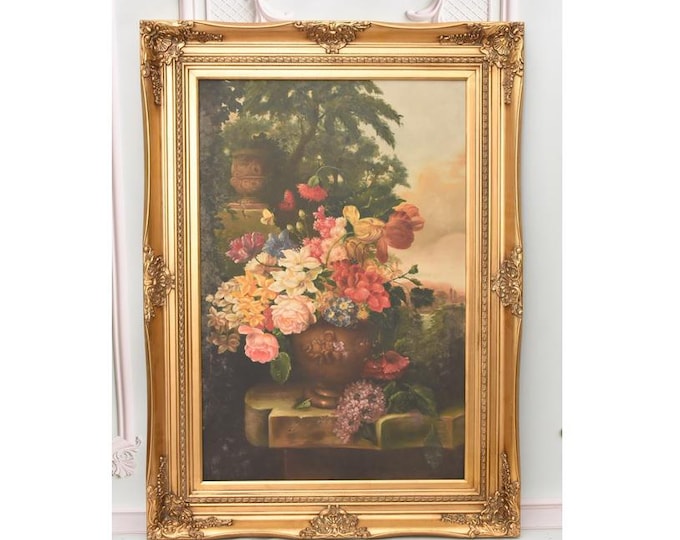 Very Large 44inch - Framed Floral Oil Painting on Canvas - French Style Luxury Wall Art