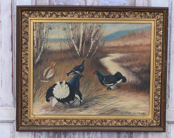 Grouses Fight Antique Painting Oil on Canvas - Old Landscape - Korecki Handmade Painting - Polish Landscape - Wall Home Decor - Wall Art
