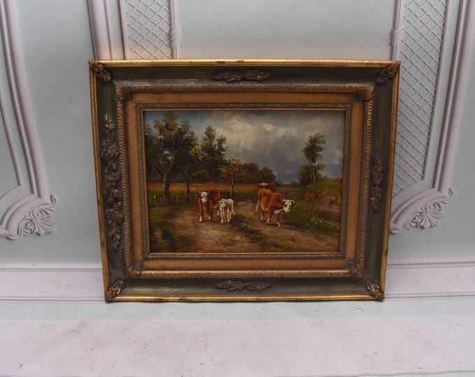 Painting Three Cows - Nice Gold Frame - Family Cows - Cow Art - French Landscape Painting Art - Oil on Wood - French Art - Wall Decor