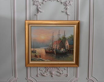 Vintage Maritime Oil Painting: Two Ships in Port, Golden Frame