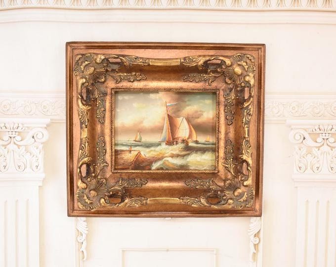 Vintage Boat Painting: Nautical Seascape with Gold Frame, Coastal Wall Art