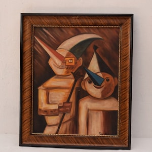Dipinto antico - Tade Makowski Clowns Vecchio dipinto Olio su tela - Artista polacco - Pittura astratta - Decorazione da parete Arte da parete - Decorazione per la casa