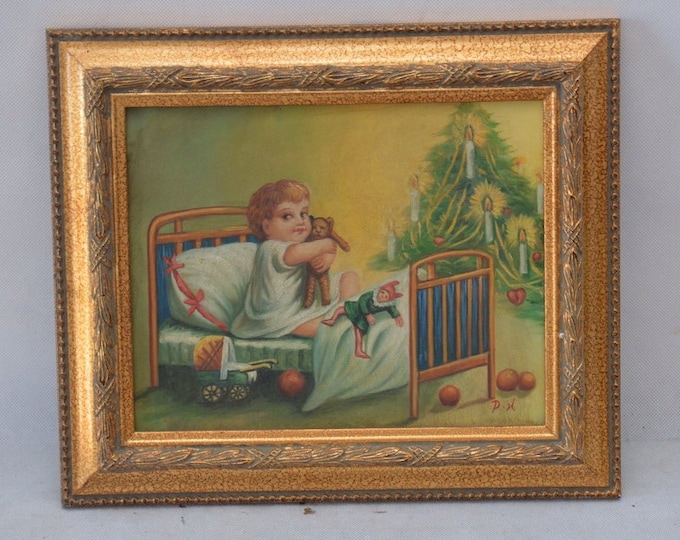 Baby with toys oil painting on canvas child by the Christmas tree Christmas painting French Art  Gift   Art Deco Gold Frame