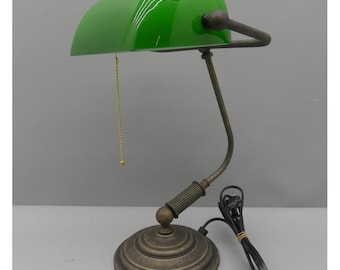 Lampe de Banquier Art Nouveau Antique en Laiton Émaillé avec Abat-Jour Vert Foncé en vente sur