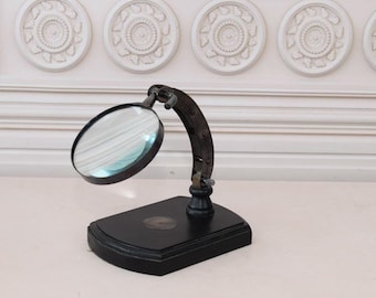 Vintage Brass Adjustable Magnifier: Glass & Wood Desk Decor
