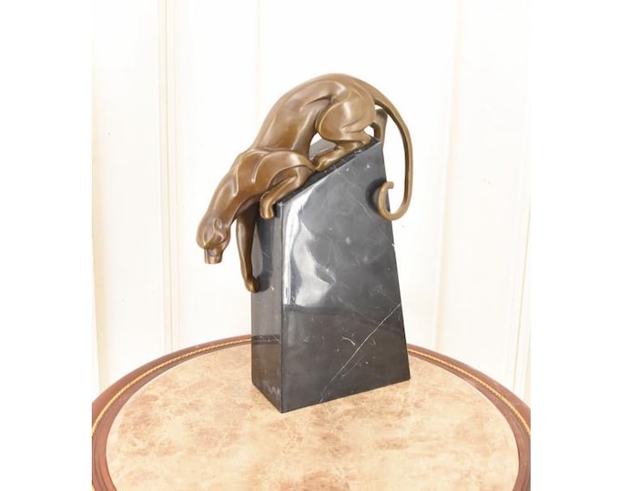 Bronze Panther Sculpture on Marble Base - Realistic Jaguar Statue