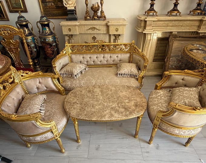 Luxury French Louis XVI Style Salon Set - Sofa, Two Armchairs & Marble Top Table - Gilt Wood Furniture