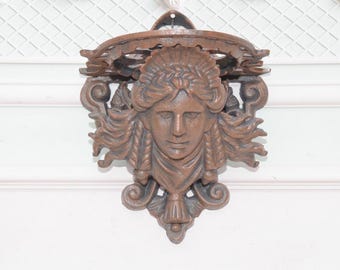 Cast Iron Wall Console with Woman’s Head – Vintage Brown Hanging Shelf – Unique Wall Decor – Home & Housewarming Gift
