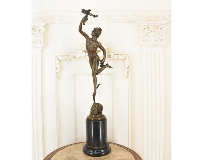 Large Mercury Patron of Business & Success – Large Bronze Statue – Hermes with Airplane – Vintage Decor – Gift for Entrepreneur Office
