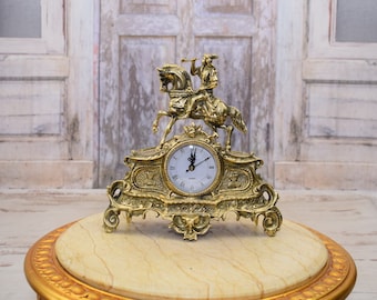 Handmade Brass Table Clock: Art Nouveau Hunter on Horse
