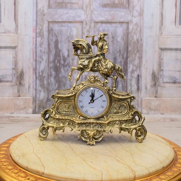 Luxury Brass Table Clock with Hunter on Horse - Fireplace Clock - Art Nouveau Style Clock - Exclusive Gift Idea - Home Decor