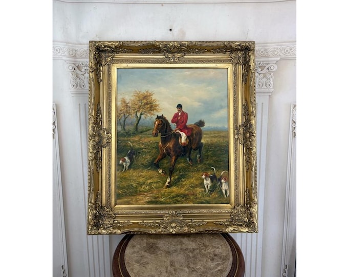 Vintage Hunting Scene Oil Painting on Canvas - Hunter with Pointer Dogs - Ornate Gold Frame - Unique Wall Art