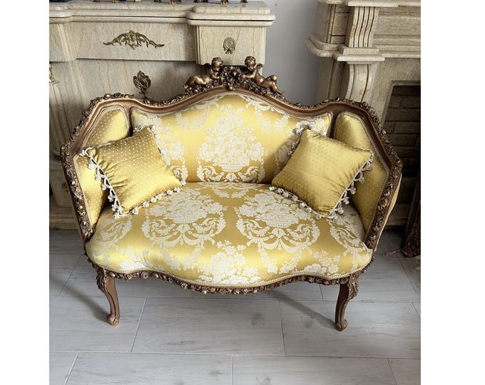 Vintage French Rococo Sofa - Yellow Floral Upholstery - Cherub Carved Settee - Luxury Salon Furniture