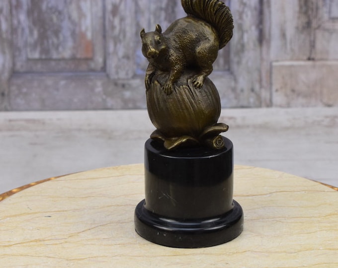 Squirrel on the Peanut Bronze Sculpture - Foundry Mark - Gift Idea - Squirrel Handmade Figurine Art Work - Animal Statue - Home Decor