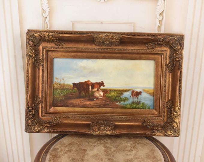 Vintage Oil Painting – Cows at Watering Place, Rustic Farm Scene on Wood