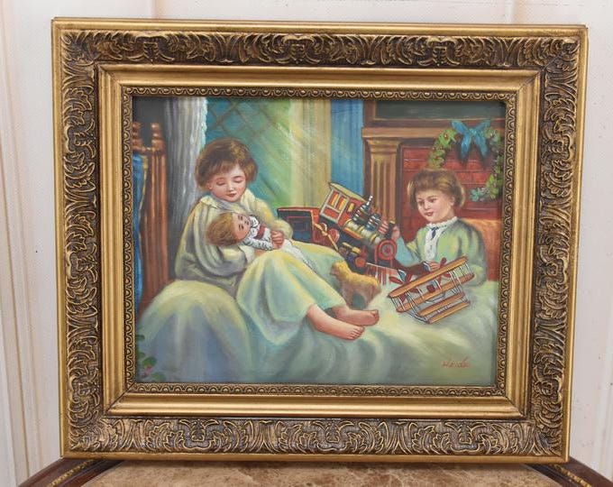 Antique Oil Painting – Two Sisters with Toys, Vintage Children's Art