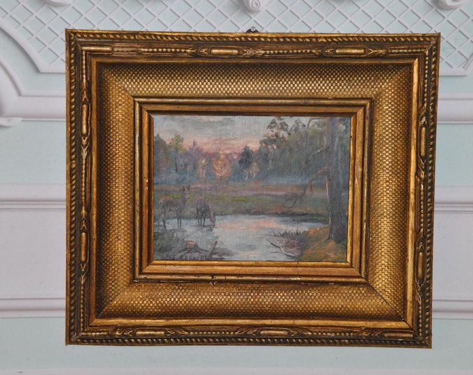 Antique Oil Painting On Wood – Rustic Forest Landscape With Deer By The Lake, Unique Vintage Frame Wall Art Decor - Rapacki Art