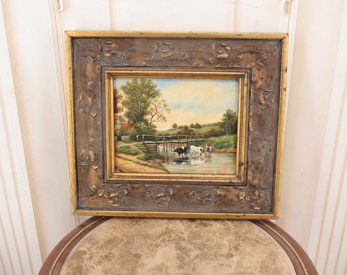 Vintage Oil Painting – Cows at Watering Place, Rustic Farm Scene on Wood