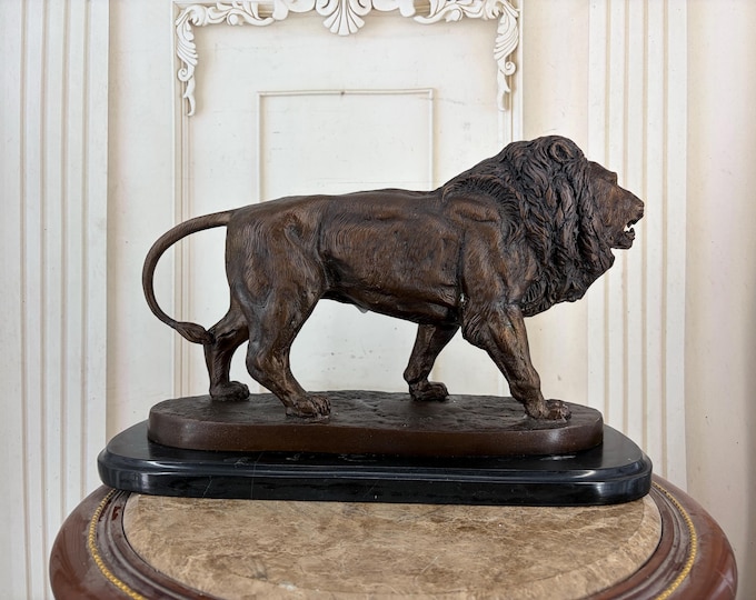 Fierce Standing Bronze Lion Statue – Vintage Sculpture on Marble Base