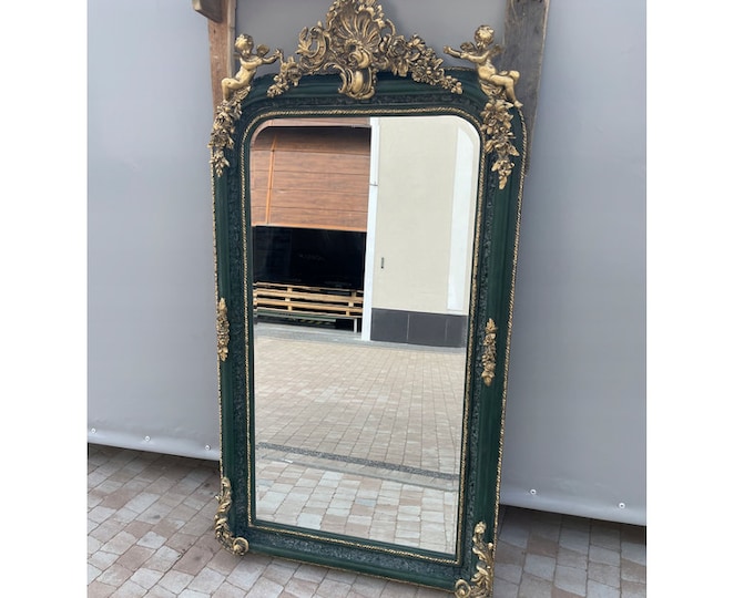 Wooden Mirror Luxury Gold and Green Frame 160x85cm - Mirror Crystal Design Angels Ornaments Baroque Style - Exclusive Gift