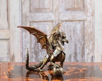 Steampunk Dragon Sculpture: Mechanical Dragon with Ball - Home Decor