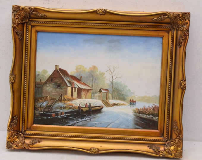 Amazing Painting in Golden Frame - Winter Landscape Painting Oil on Wood - French Art - Exclusive Wall Decor
