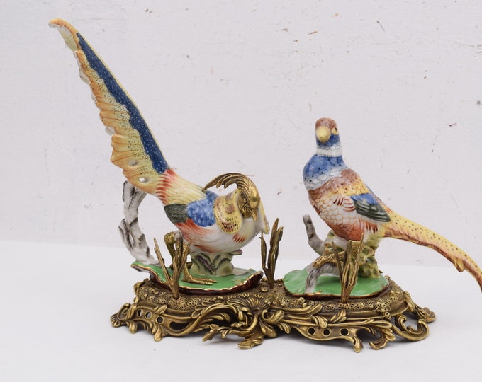Limited Figurine! Porcelain Pheasants on Bronze Legs, Colorful Porcelain Bird Figurine, Gift idea for Hunter, Home or Office Decor