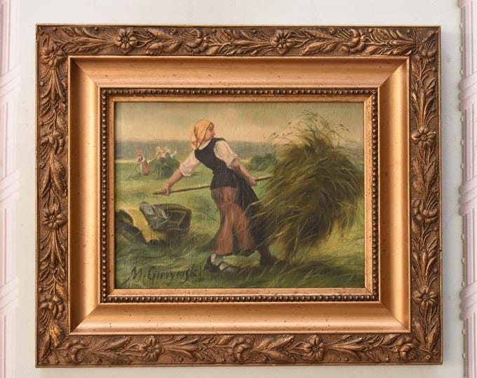 Antique Oil Painting on Wood – Rustic Harvest Scene With Woman & Hay – Vintage Wall Art – Countryside Home Decor