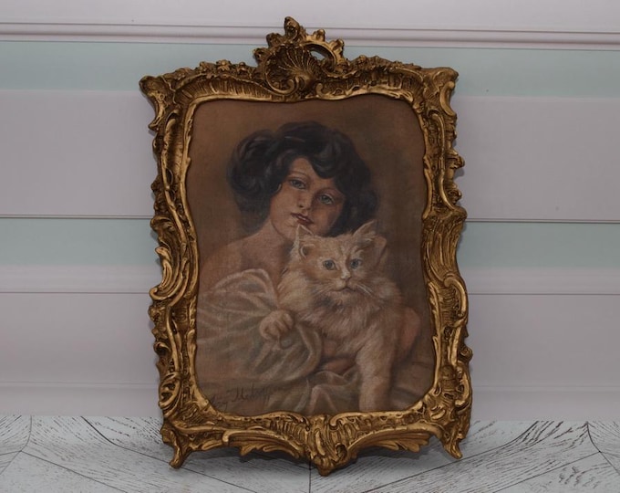 Antique Painting Girl with Cat - Painting on Canvas with Old Gold Frame - Mehoffer Art Deco Painting Polish Artist - Wall Decor - Home Decor