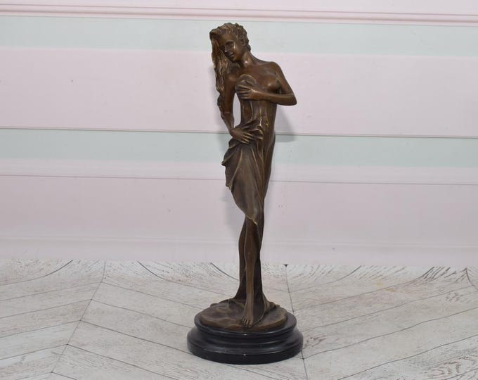 Elegant Lady Bronze Sculpture – Woman in Dress with Marble Base – Art Deco Sculpture – Perfect Gift for Collectors & Home Decor