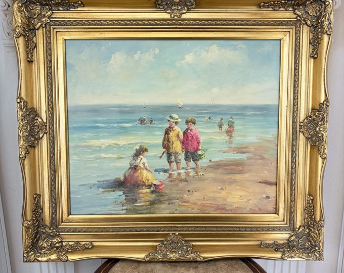 Vintage French Aristocracy Seaside Oil Painting – Elegant Coastal Scene, Framed Canvas