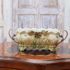 Art Nouveau Porcelain Bowl – Butterflies, Flowers, Bronze Ornament