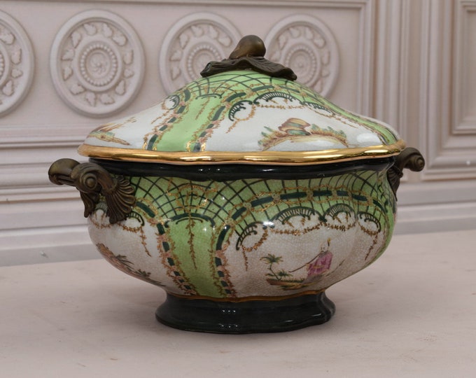 Green Porcelain Casket with Bronze Ornaments - Art Nouveau Style - Flower Design - Luxury Gift for Wedding - Home Decor Vase Porcelain