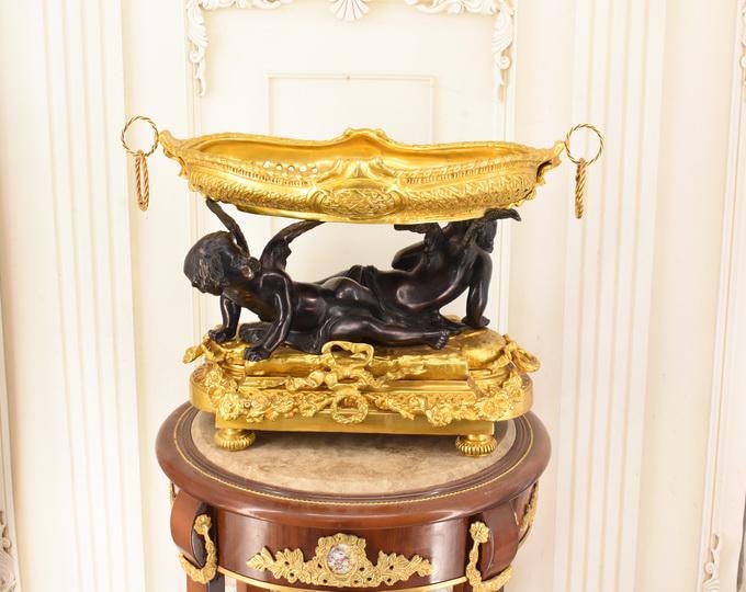 Large Bronze Cherub Centerpiece Bowl – French Rococo Style Jardinière – Clodion Style Putti Sculpture