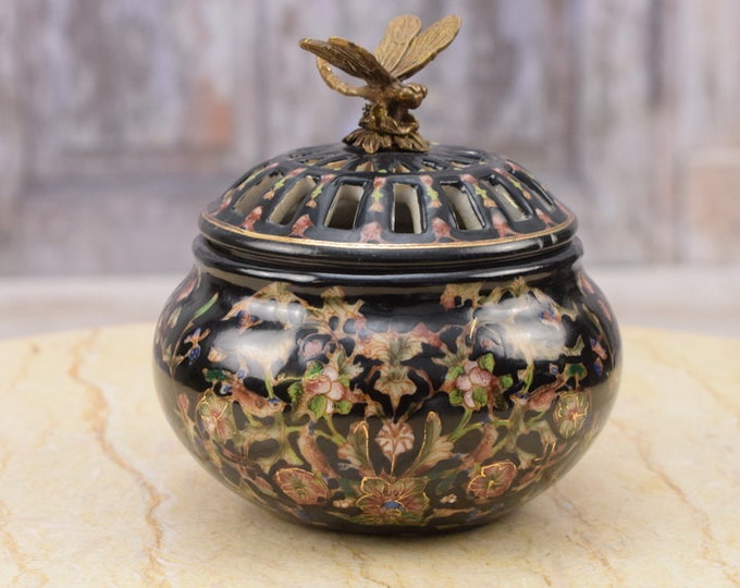 Porcelain Box with Dragonfly - Bronze Ornaments and Dragonfly Sculpture - Japanese Ornaments - Black Exclusive Casket - Home Decor